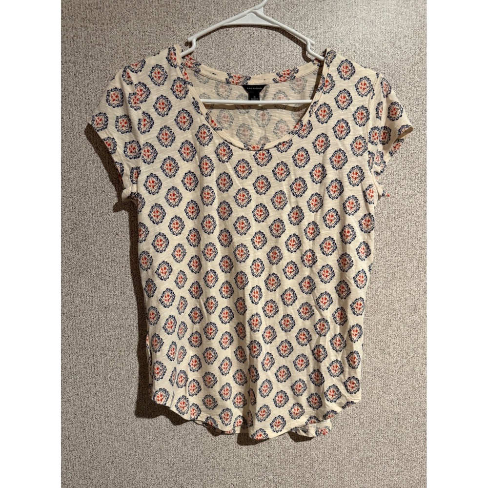 Ann Taylor Womens S Cream Navy Red Medallion Print Cotton Modal Scoop Neck Tee